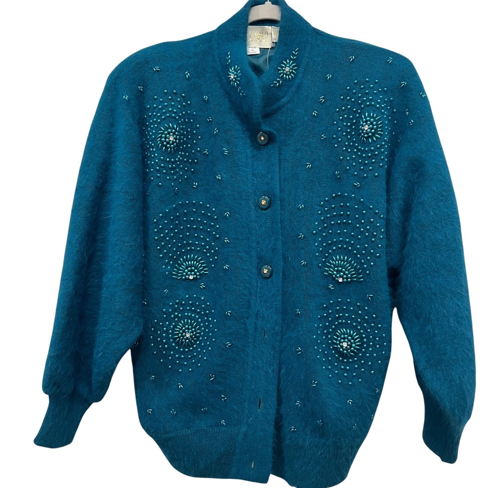 Vintage Belldini Teal Angora Wool Beaded Rhinestone Cardigan Sweater Womens Med